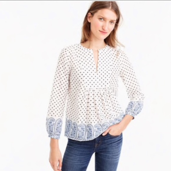 Springtime J. Crew Paisley Polka Dot Peasant Top - Picture 1 of 9